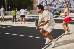 man crouched to return a serve during a pickleball match